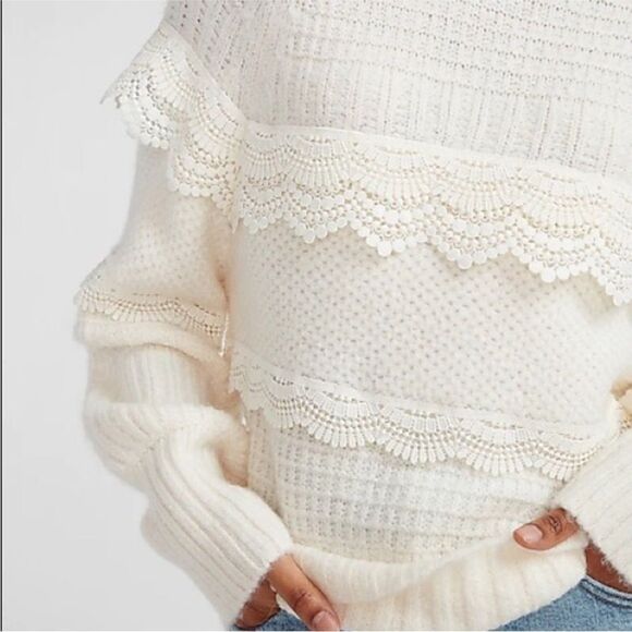 EXPRESS Tiered Lace Ribbed Wool Blend Sweater Pullover - Picture 4 of 13